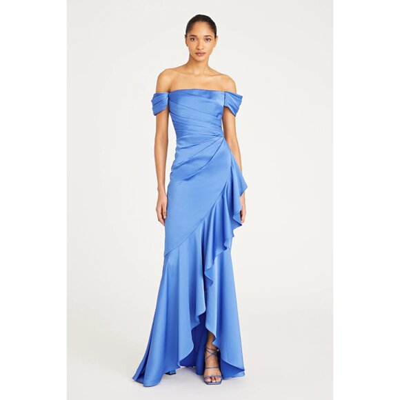 NWT Theia Off-the-Shoulder Ruffled Satin Gown Blue Size 10 - Picture 1 of 9